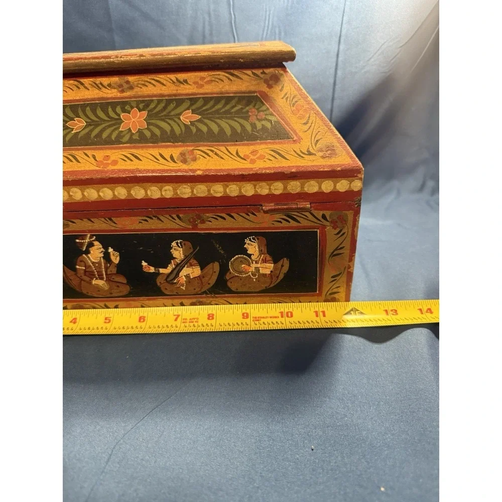 Vintage Anglo Raj Hand Painted Wooden Jewelry Box Indian Rajasthani Folk Art